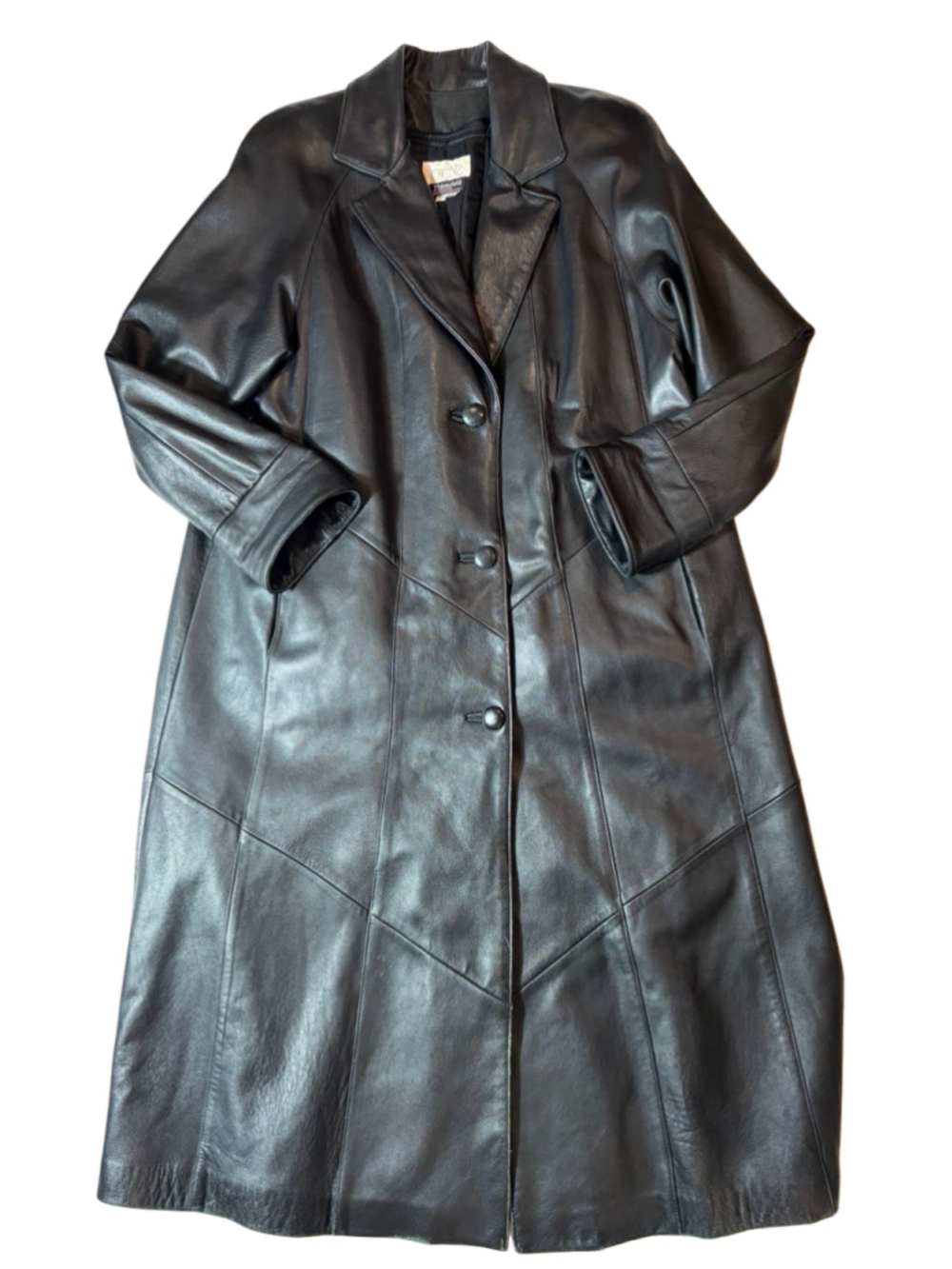 Vintage Cache Black Leather Long Coat Womens M Thinsulate USA Gothic 90s